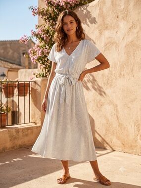 sienna sky midi dress Sienna Sky | Dresses | Sienna Sky Womens Cream Vneck Brown Polka Dot Midi Dress Size Medium